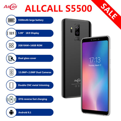 Original AllCall S5500 5.99" 18:9 5500mAh Battery Android 8.1 MTK6580M Quad Core 2GB RAM 16GB ROM 13.0MP+2MP Cameras Smartphone