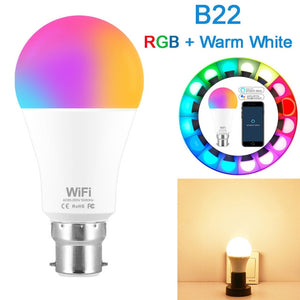 15W WiFi Smart Light Bulb RGB White Magic LamDimmable LED E27 B22 WiFi Bulbs Compatible with Amazon Alexa Google Home Smartphone