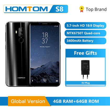 Original HOMTOM S8 Smartphone 4G 5.7" HD+ Screen 18:9 Ratio MTK6750T Octa Core 4GB 64GB 16.0MP+5.0MP Dual Rear 13.0MP Mobile pho